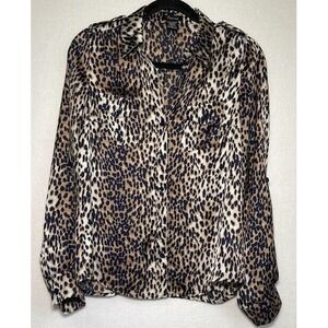 Timing Blouse Women Medium Animal Print Multicolor Roll Tab‎ Sleeve V Neck Light